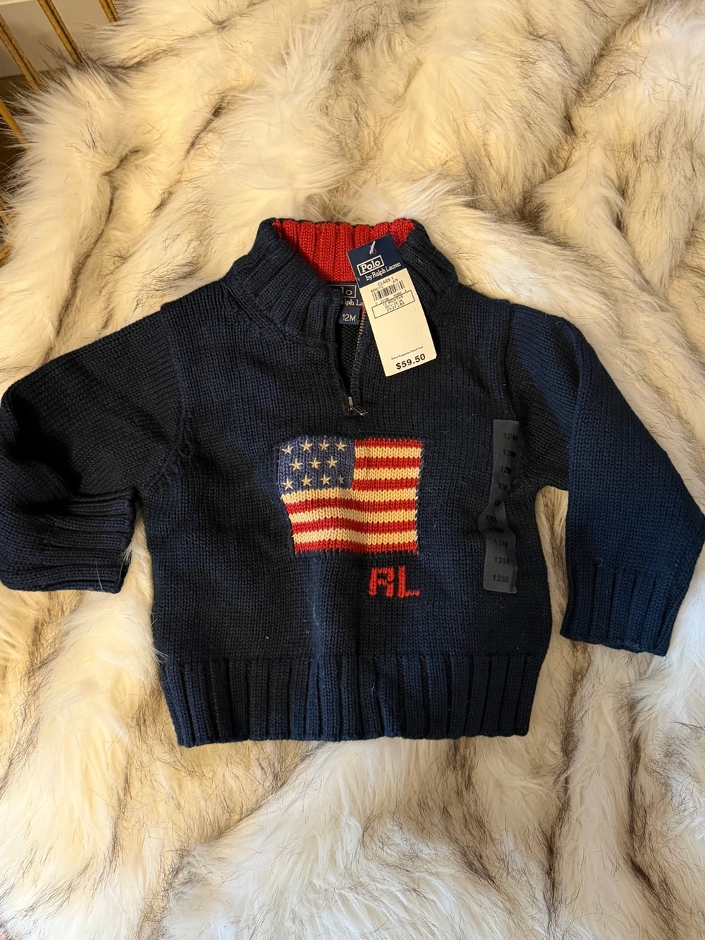 NWT 12 MO Ralph Lauren Navy Knit Sweater with Red Trim and Flag Motif